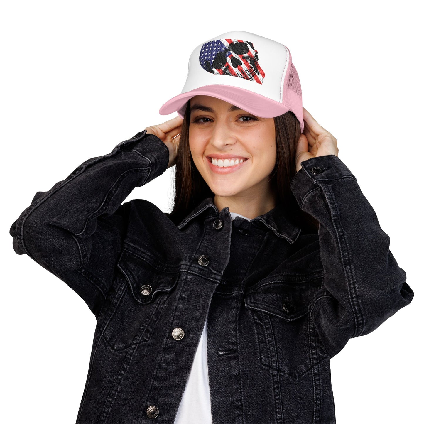 Trendy Foam Trucker Hat with American Flag Skull Design, Adjustable Cap for Summer, Outdoor Events, Casual Wear, Independence Day,