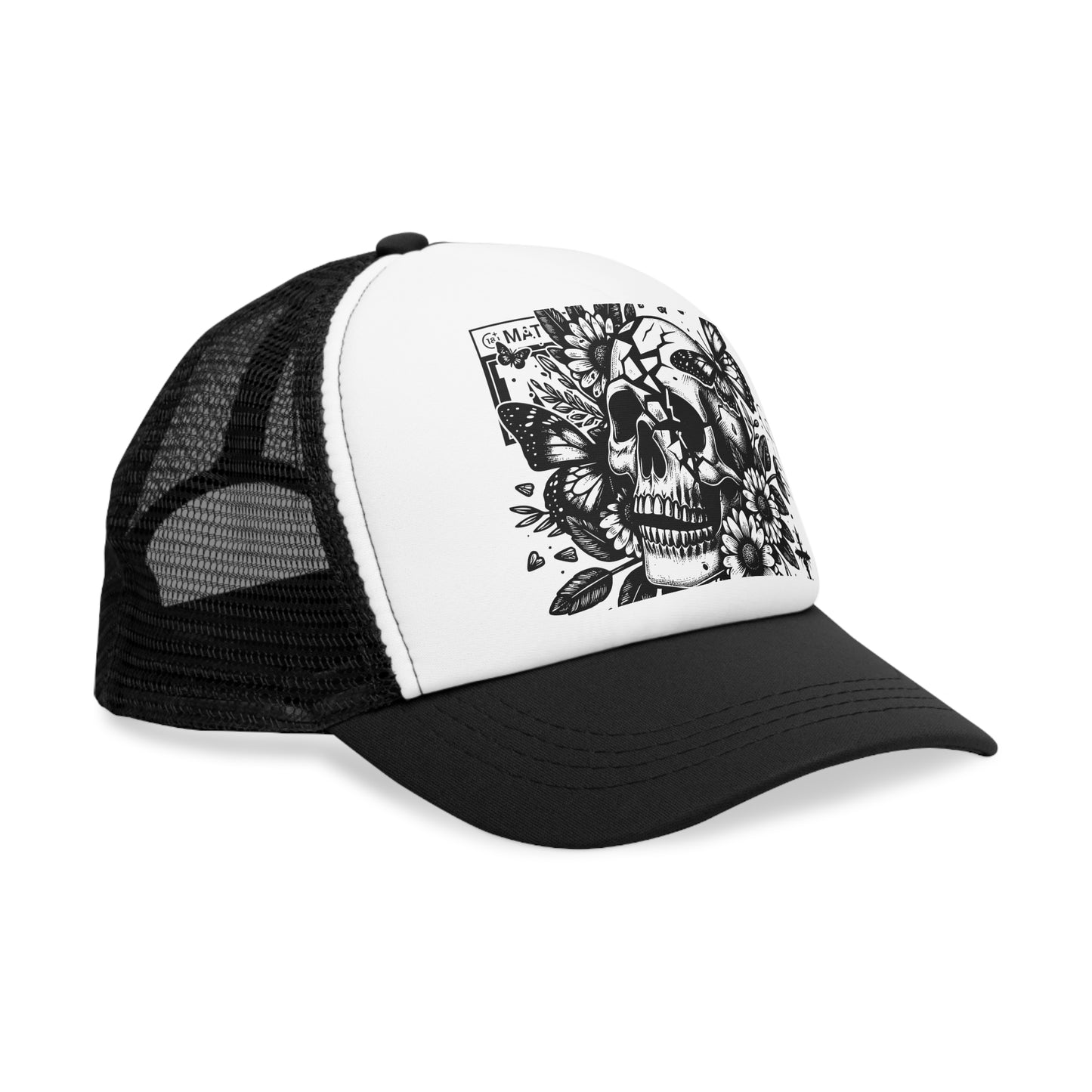 Gothic Floral Skull Mesh Cap | Adjustable Trucker Hat for Edgy Style