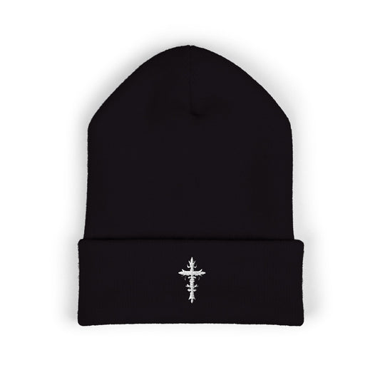 Religious Cross, Stylish Embroidered Classic Cuffed Beanie, Black, Red, Dark Grey