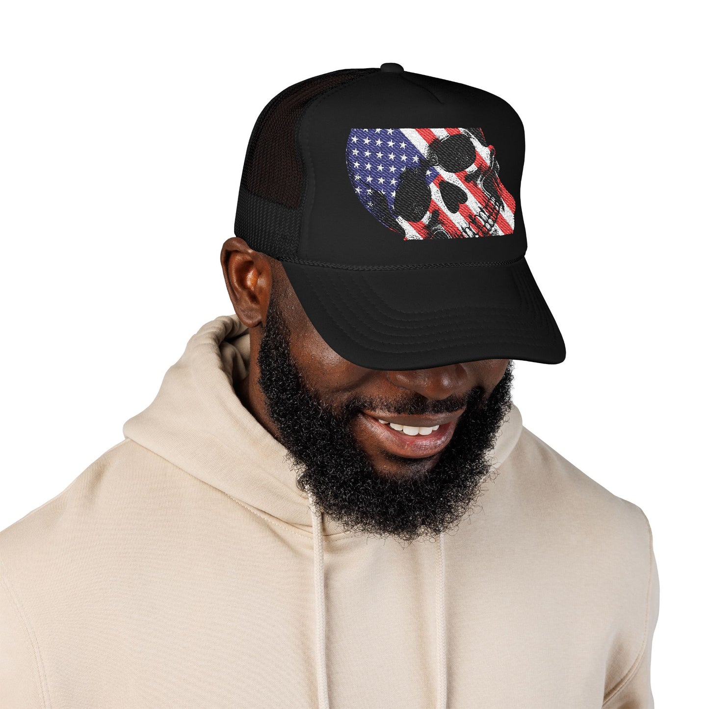 Trendy Foam Trucker Hat with American Flag Skull Design, Adjustable Cap for Summer, Outdoor Events, Casual Wear, Independence Day,