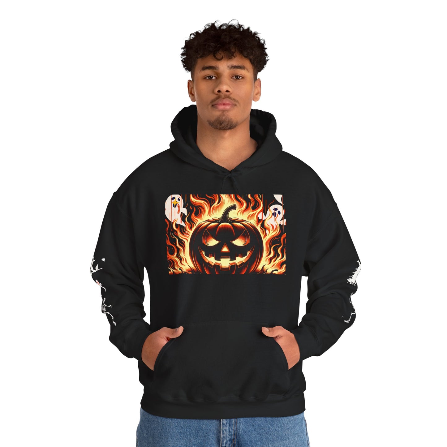 Flaming Pumpkin Hoodie | Unisex Halloween Sweatshirt, Cozy Fall Apparel, Spooky Season Gear, Perfect for Bonfires, Unique Pumpkin Design