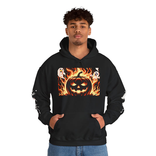 Flaming Pumpkin Hoodie | Unisex Halloween Sweatshirt, Cozy Fall Apparel, Spooky Season Gear, Perfect for Bonfires, Unique Pumpkin Design