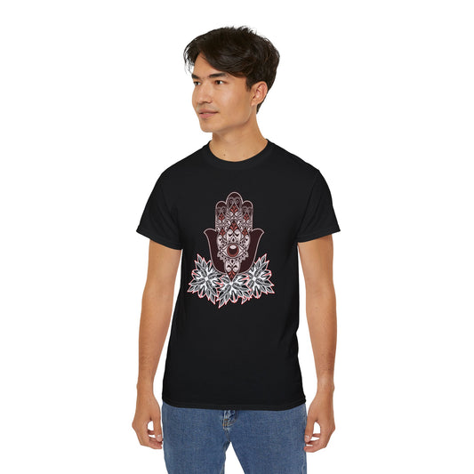 Bohemian Graphic Tee, Unisex Cotton Shirt, Casual Summer Wear, Festival Outfit, Unique Gift for Him/Her, Hand of Fatima Design