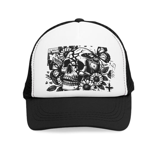 Gothic Floral Skull Mesh Cap | Adjustable Trucker Hat for Edgy Style