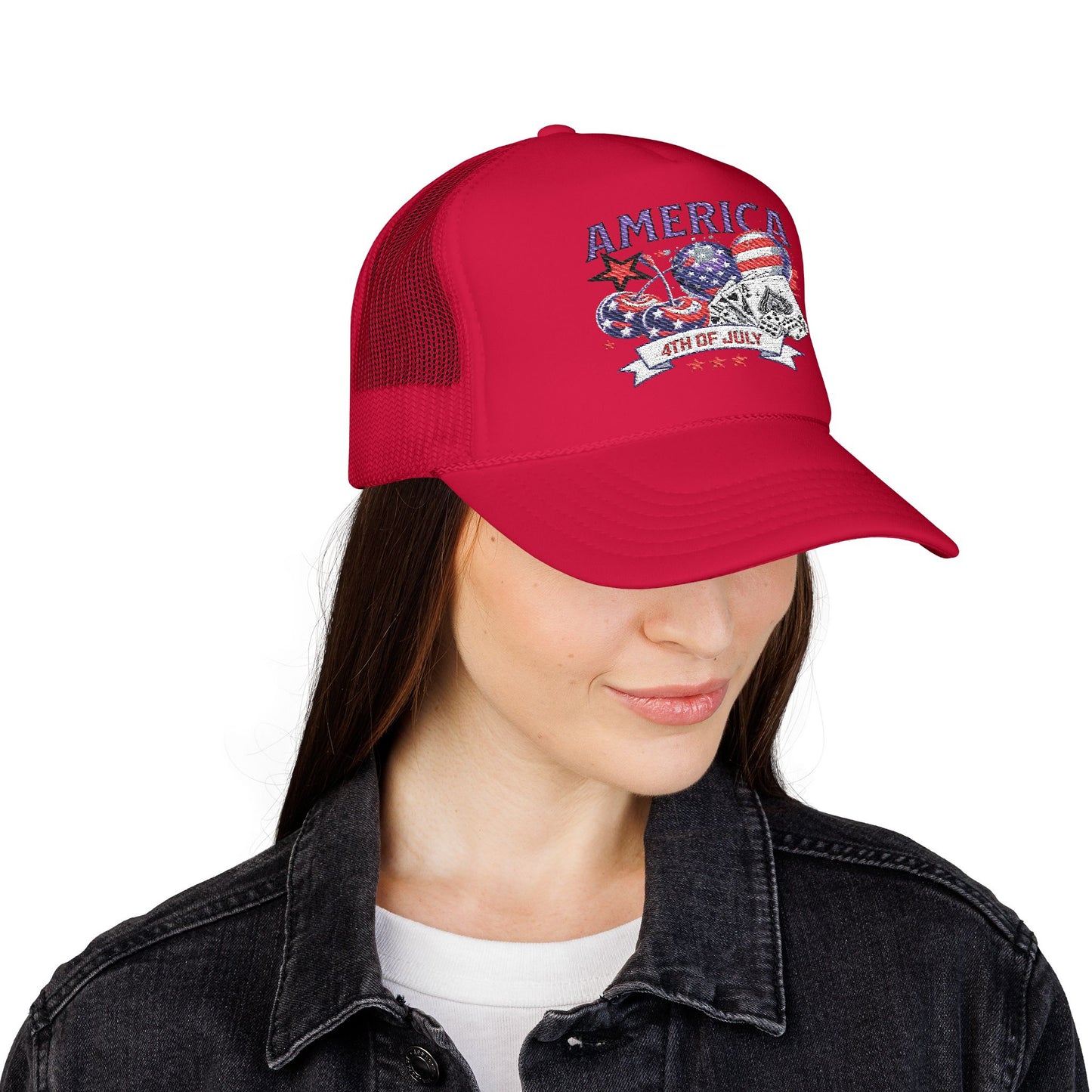 Trucker Hat - Patriotic Red American Fourth of July Embroidered Cap