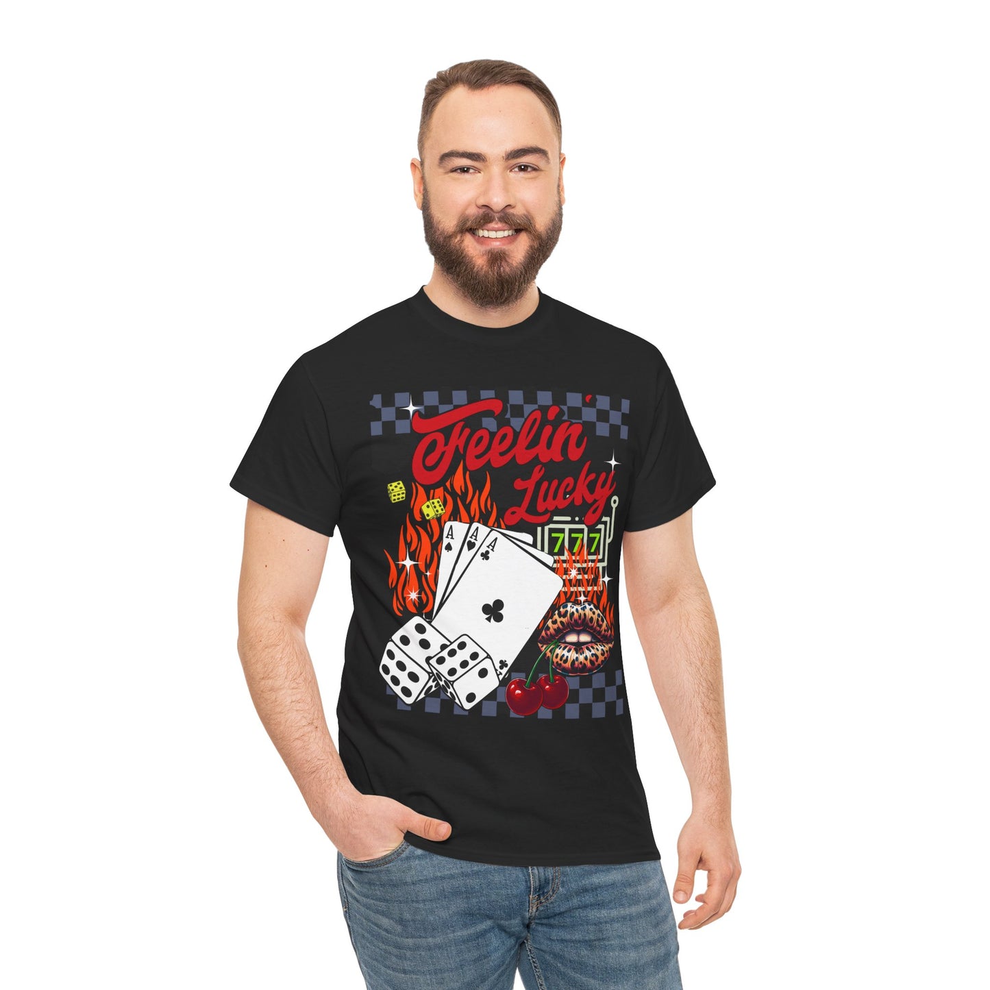 Feelin' Lucky Graphic Tee, Unisex Heavy Cotton Tee - Fun Graphic T-Shirt for Gamblers and Party Lovers