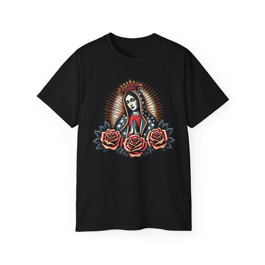 Vintage Rose Virgin Mary Tee, Unisex Cotton Shirt, Spiritual Gift, Boho Style Top, Día de los Muertos Apparel, Casual Graphic T-Shirt