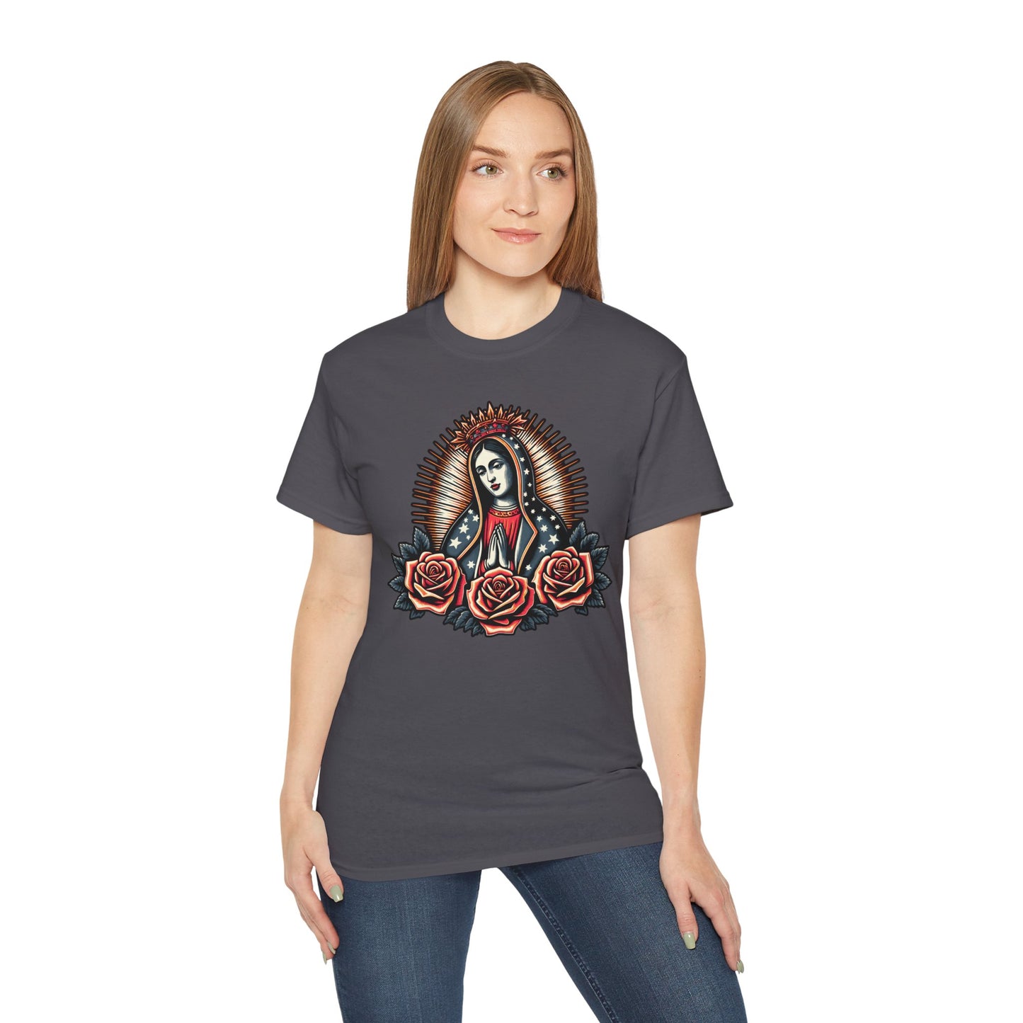 Vintage Rose Virgin Mary Tee, Unisex Cotton Shirt, Spiritual Gift, Boho Style Top, Día de los Muertos Apparel, Casual Graphic T-Shirt