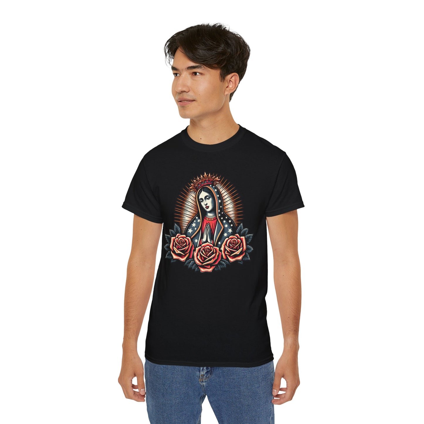Vintage Rose Virgin Mary Tee, Unisex Cotton Shirt, Spiritual Gift, Boho Style Top, Día de los Muertos Apparel, Casual Graphic T-Shirt
