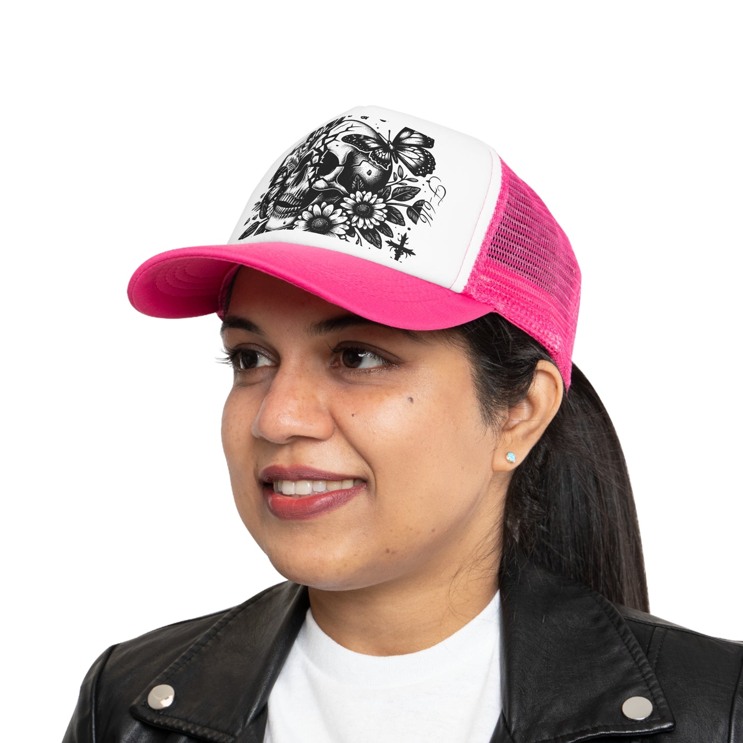 Gothic Floral Skull Mesh Cap | Adjustable Trucker Hat for Edgy Style