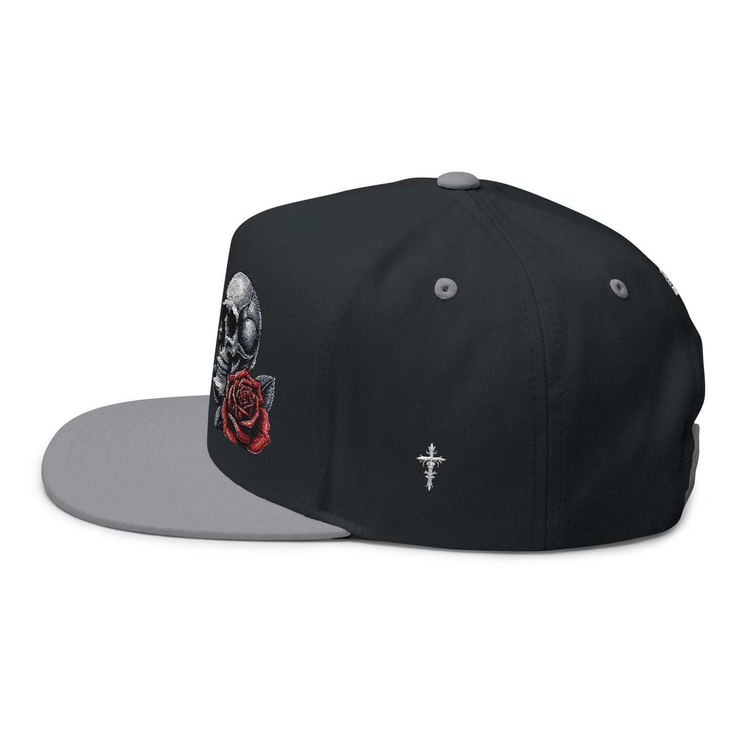 Embroidered Skull and Rose Flat Bill Cap | Unique Fashion Accessory for Edgy Style, Streetwear, Gift for Him/Her, Festival Headwear