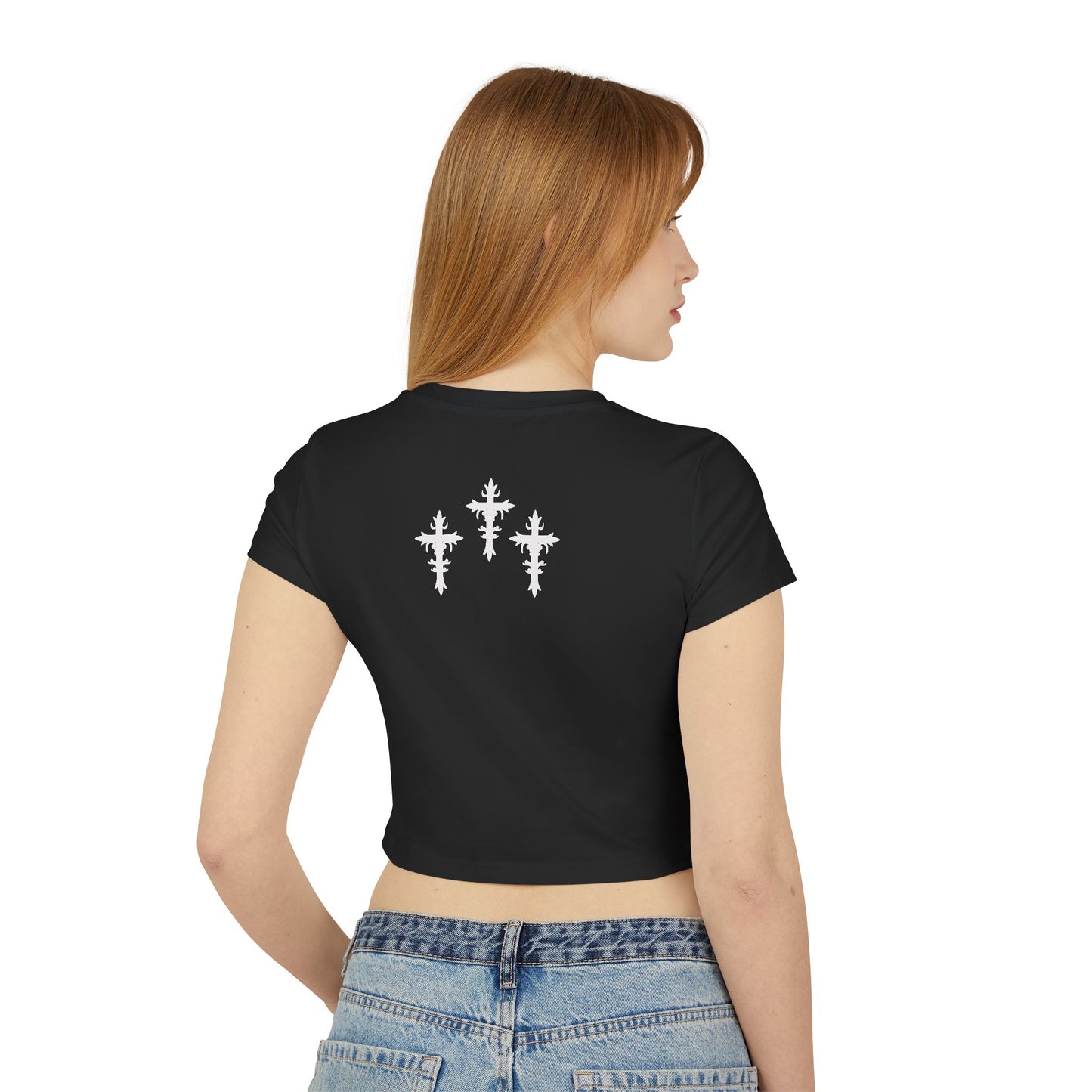 Women's Baby Tee - Edgy Cross Design Shirt | Stylish & Comfortable Apparel, F616 Logo