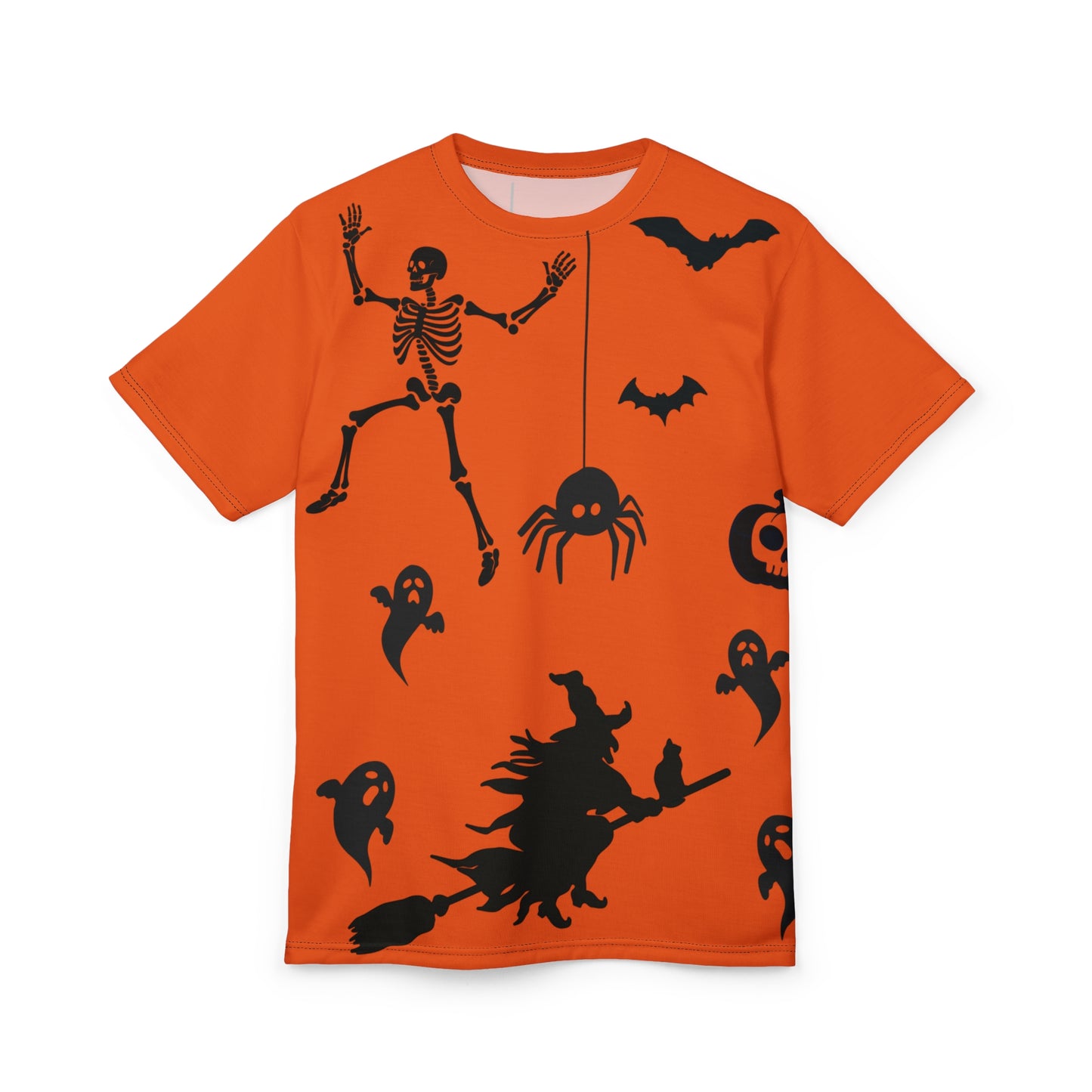 Halloween Unisex Tee, Spooky Skeletons Shirt, Witch Graphic Tee, Halloween Costume Top, Ghostly AOP T-Shirt