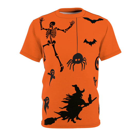 Halloween Unisex Tee, Spooky Skeletons Shirt, Witch Graphic Tee, Halloween Costume Top, Ghostly AOP T-Shirt