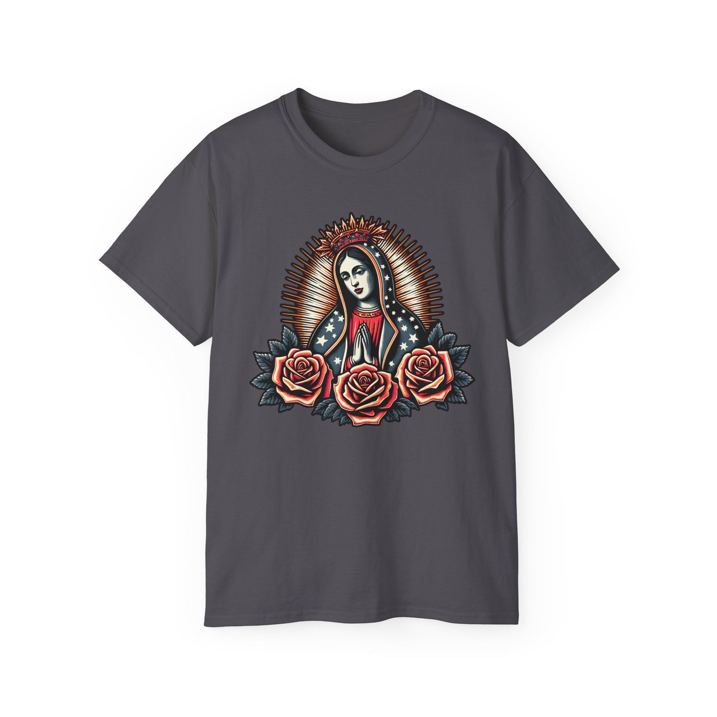 Vintage Rose Virgin Mary Tee, Unisex Cotton Shirt, Spiritual Gift, Boho Style Top, Día de los Muertos Apparel, Casual Graphic T-Shirt