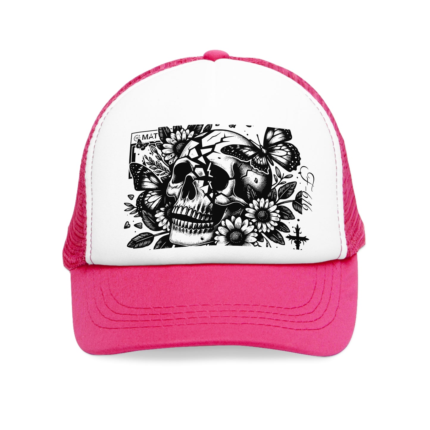 Gothic Floral Skull Mesh Cap | Adjustable Trucker Hat for Edgy Style