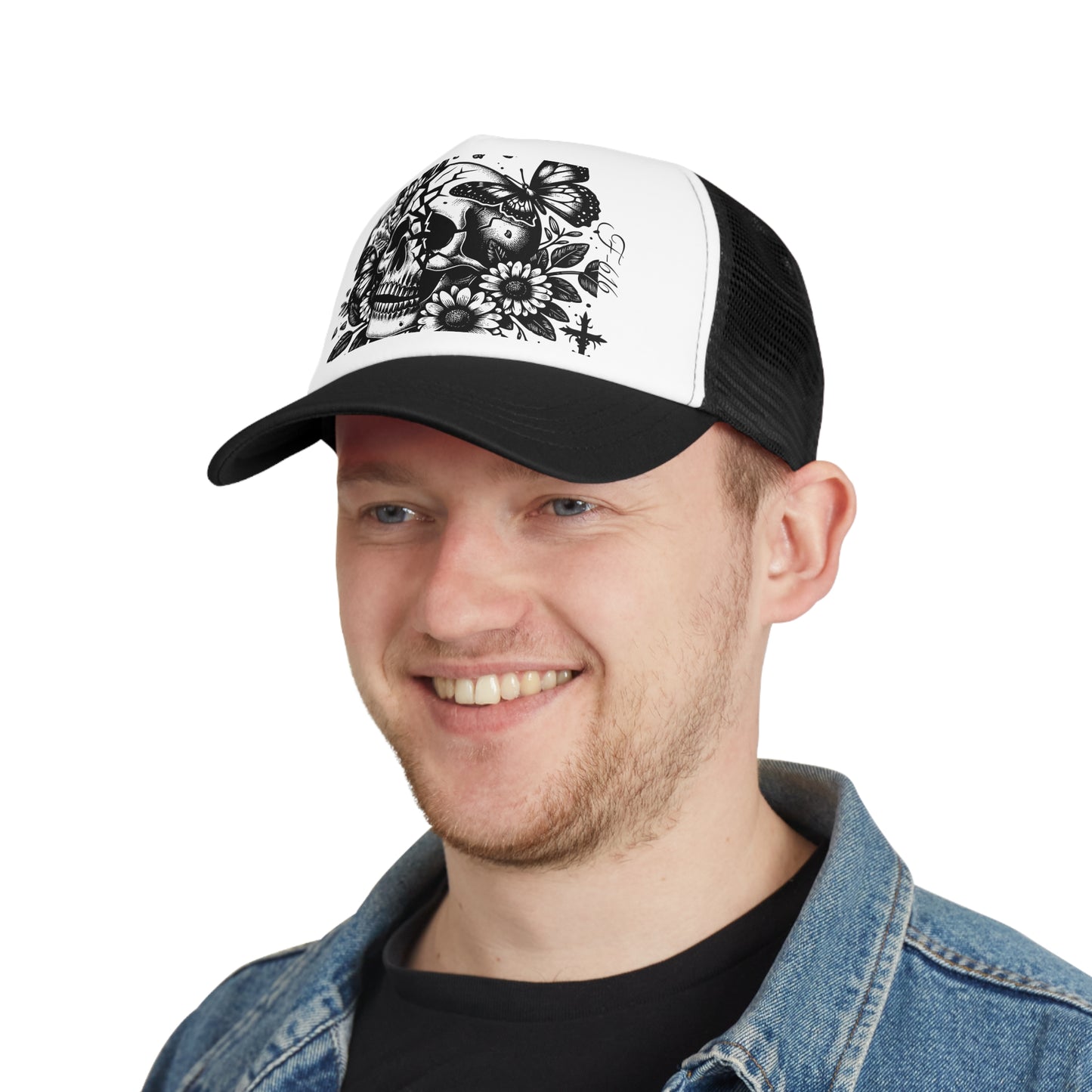 Gothic Floral Skull Mesh Cap | Adjustable Trucker Hat for Edgy Style