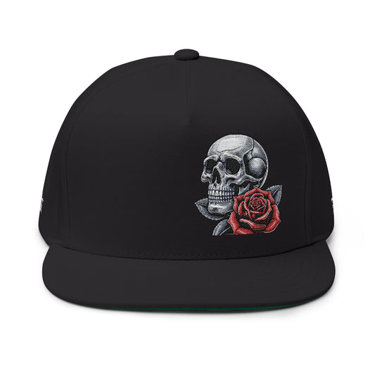 Embroidered Skull and Rose Flat Bill Cap | Unique Fashion Accessory for Edgy Style, Streetwear, Gift for Him/Her, Festival Headwear