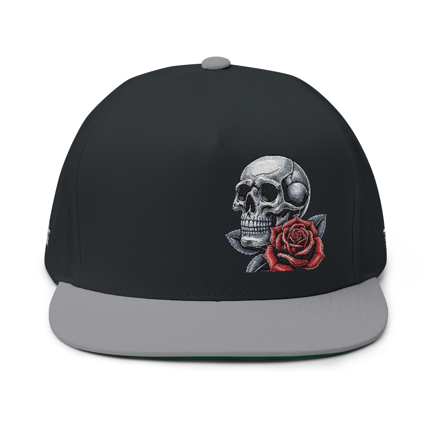 Embroidered Skull and Rose Flat Bill Cap | Unique Fashion Accessory for Edgy Style, Streetwear, Gift for Him/Her, Festival Headwear