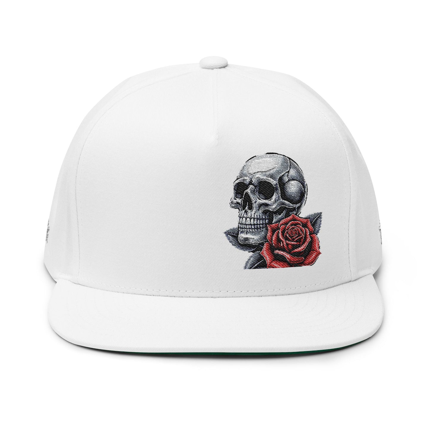 Embroidered Skull and Rose Flat Bill Cap | Unique Fashion Accessory for Edgy Style, Streetwear, Gift for Him/Her, Festival Headwear