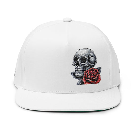 Embroidered Skull and Rose Flat Bill Cap | Unique Fashion Accessory for Edgy Style, Streetwear, Gift for Him/Her, Festival Headwear