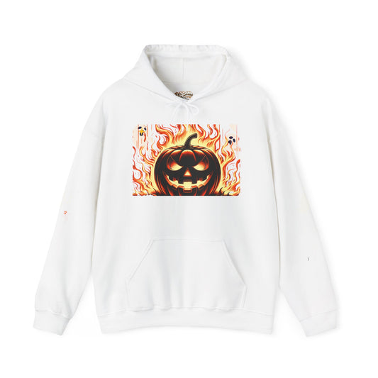 Flaming Pumpkin Hoodie | Unisex Halloween Sweatshirt, Cozy Fall Apparel, Spooky Season Gear, Perfect for Bonfires, Unique Pumpkin Design