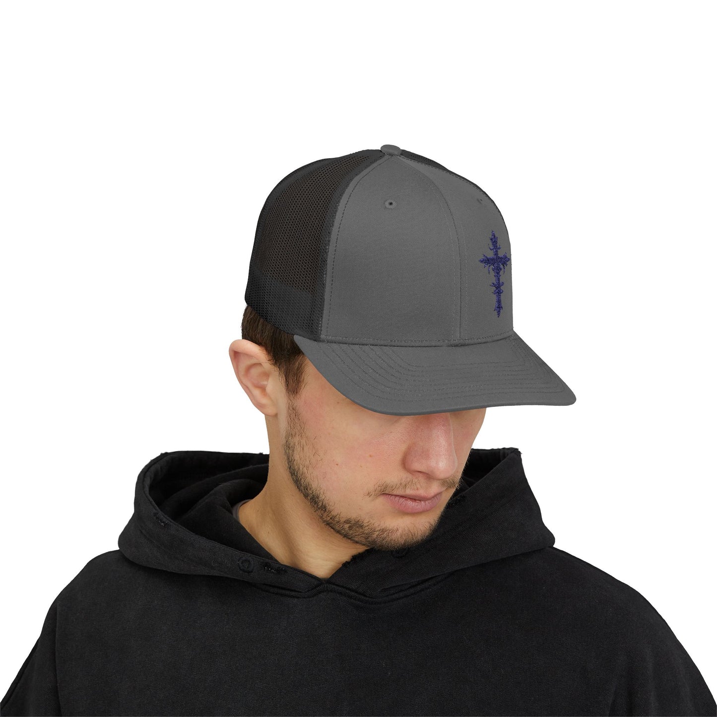 Embroidered Cross Snapback Trucker Cap - Stylish Faith-Inspired Hat