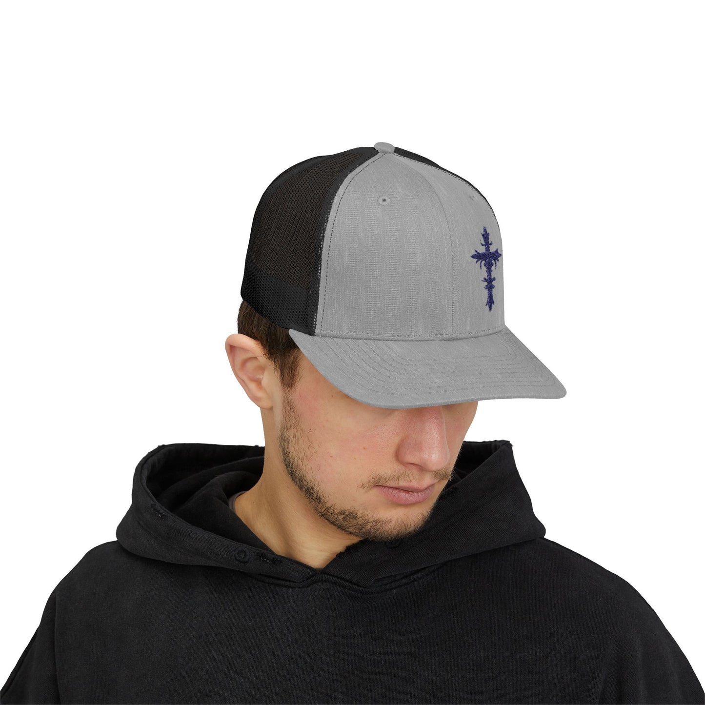 Embroidered Cross Snapback Trucker Cap - Stylish Faith-Inspired Hat